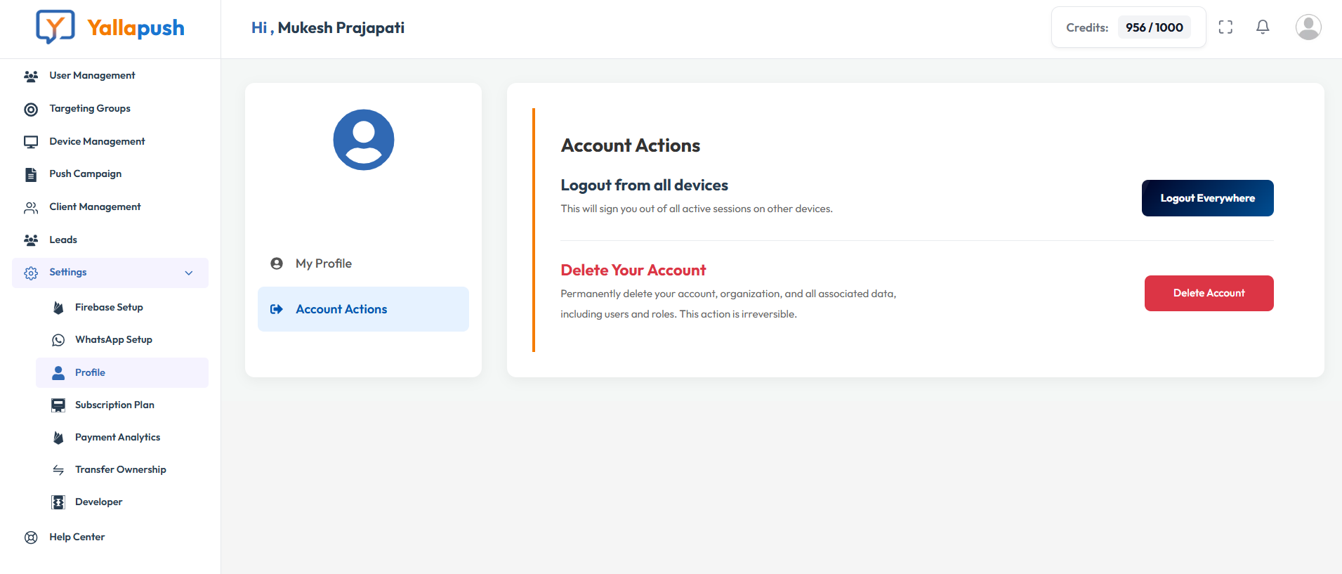 YallaPush Settings and Account Actions profile page screenshot