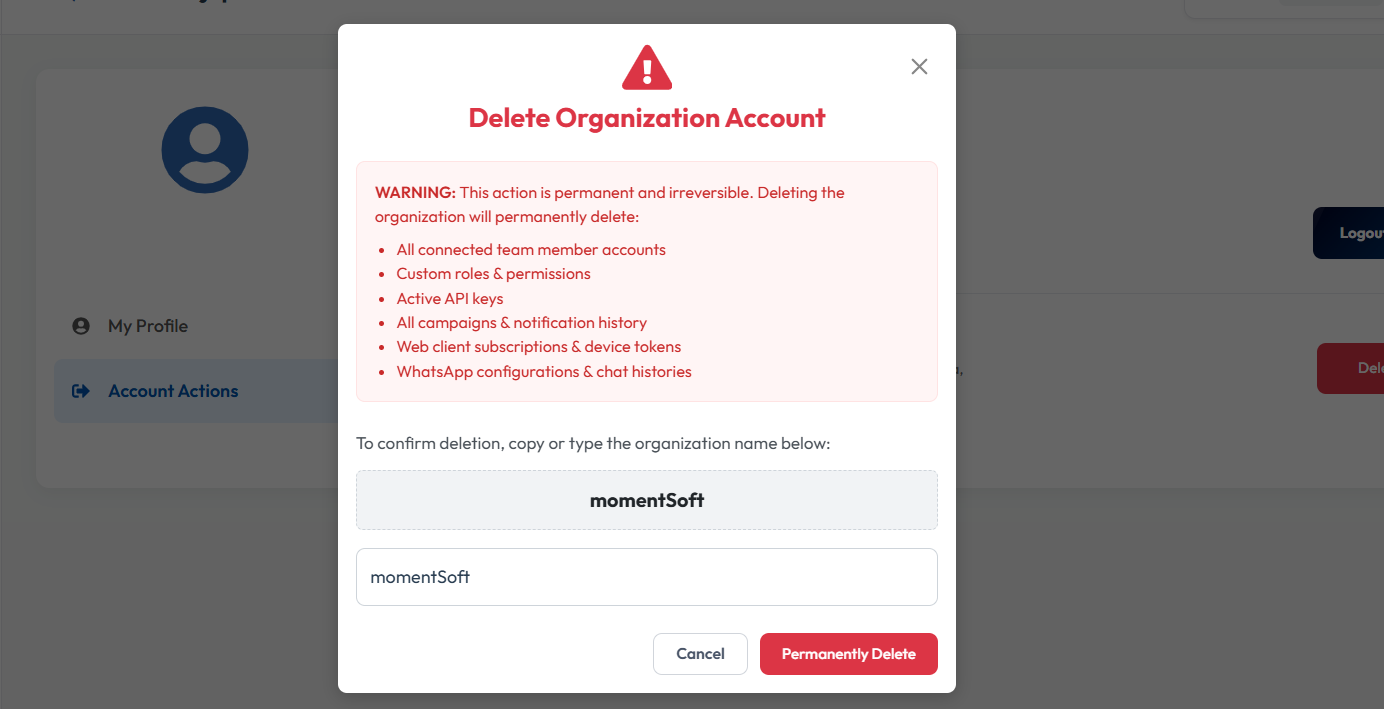 Delete account security confirmation prompt modal screenshot